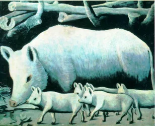 Weiße Sau mit Ferkeln